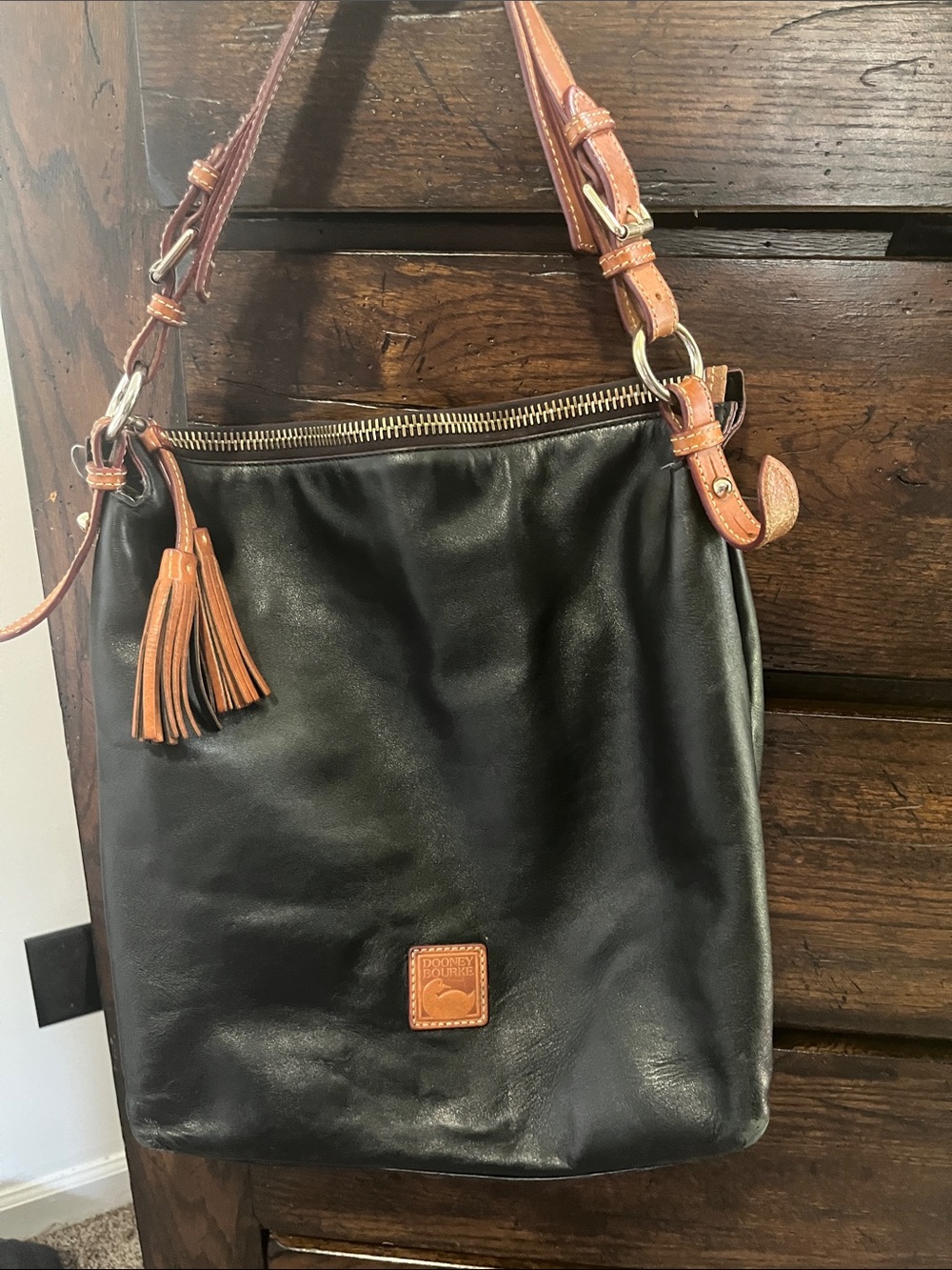 Dooney Bourke Leather Hobo Tote Bag with Brown Trim - Black